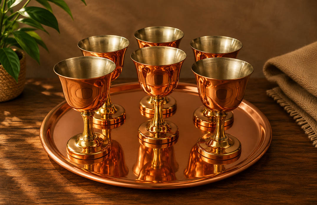 Brass Goblet Set With Copper And Silver Finish