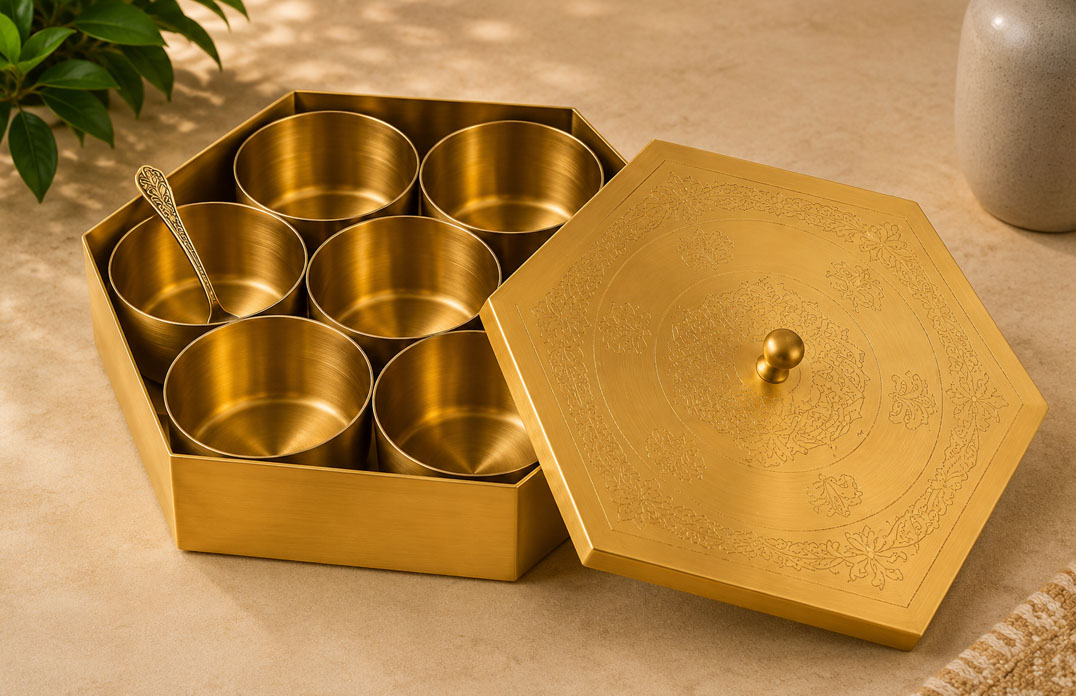 Hexagon Brass Masala Box