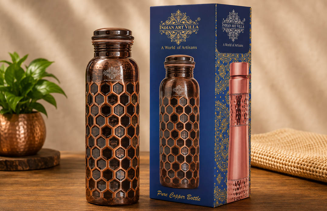 Pure Copper Water Bottle with Antique Diamond Finish