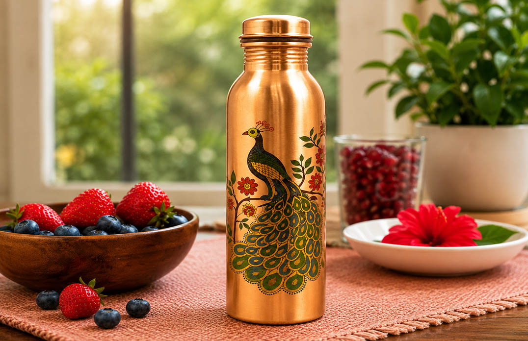 Pure Copper Water Bottle with Peacock Printed Design